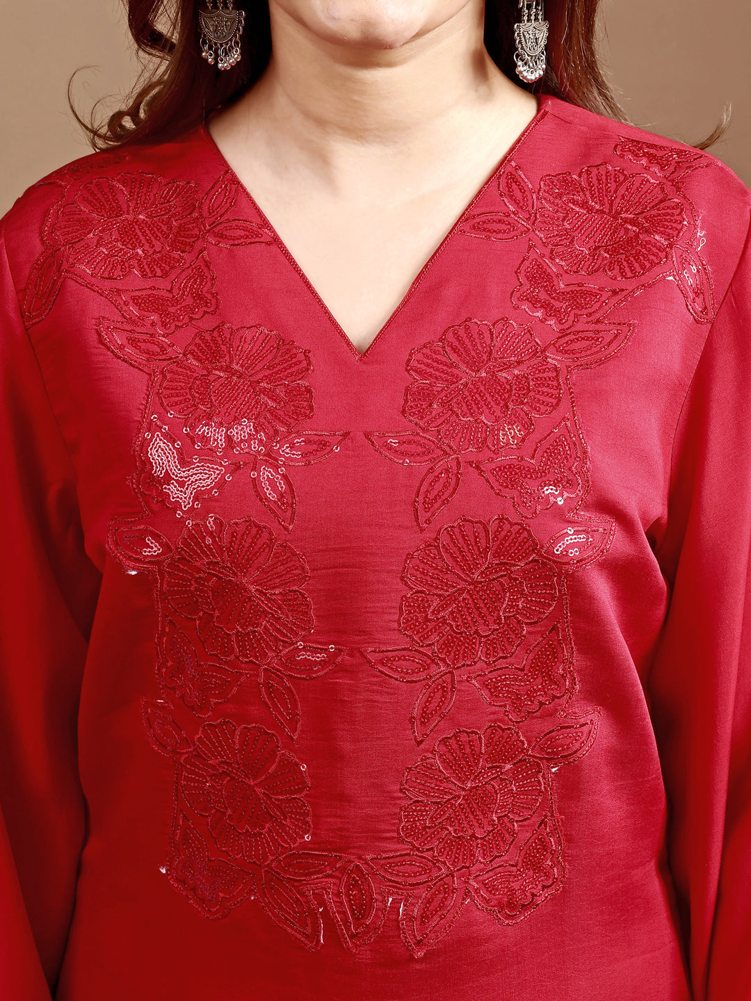 Red color silk blend with heavy sequence work tunic and trouser Co-ord set