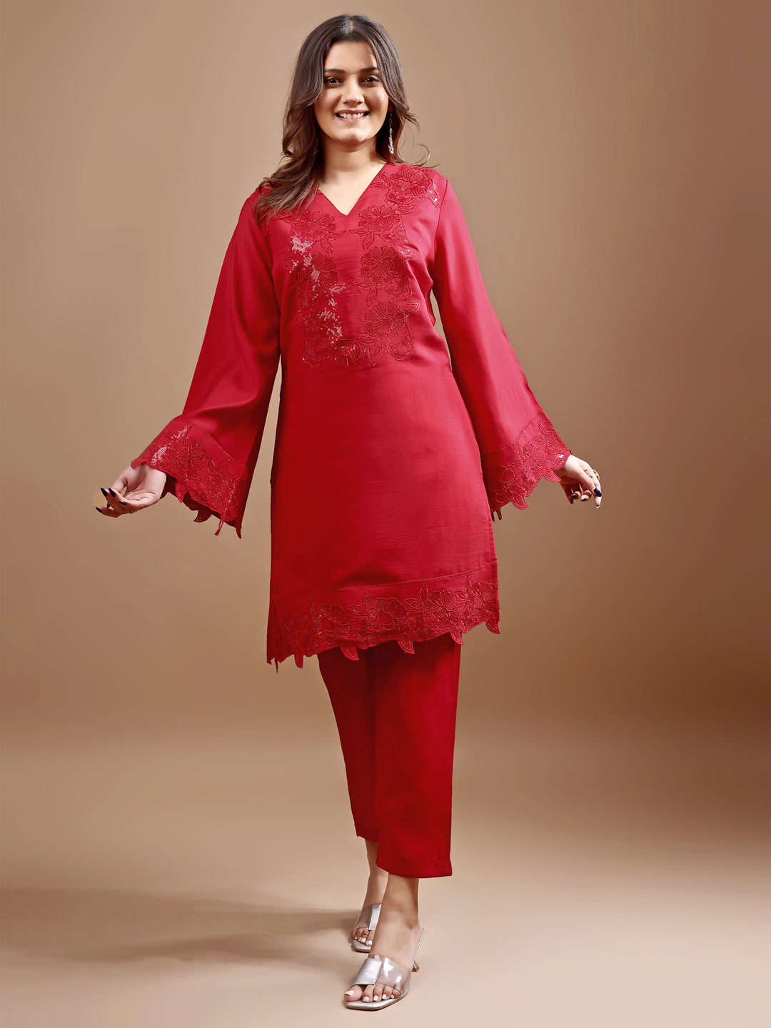 Red color silk blend with heavy sequence work tunic and trouser Co-ord set