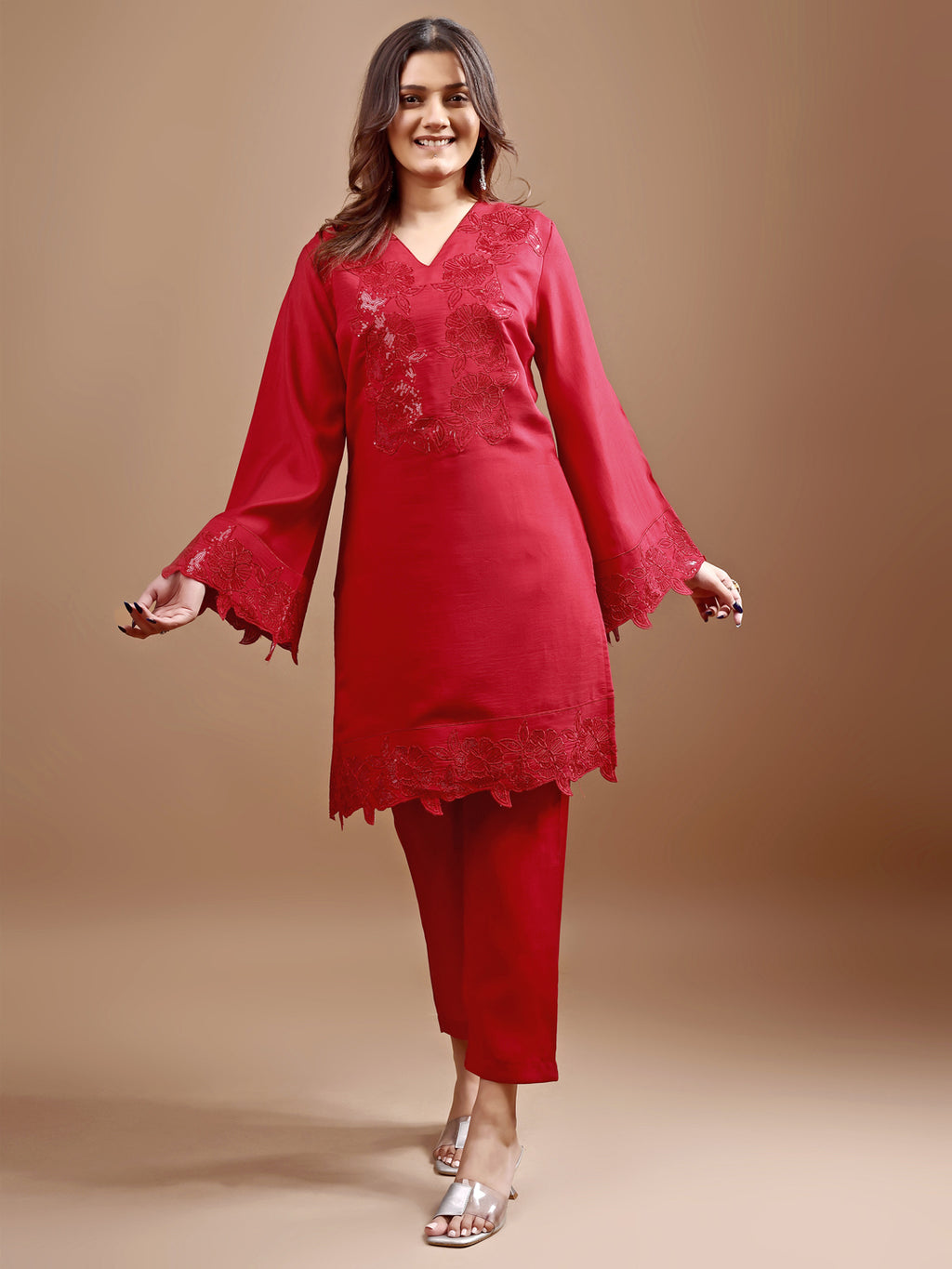 Red color silk blend with heavy sequence work tunic and trouser Co-ord set