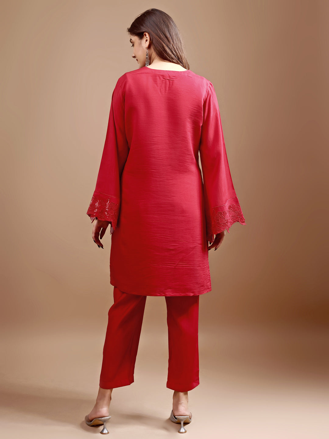 Red color silk blend with heavy sequence work tunic and trouser Co-ord set