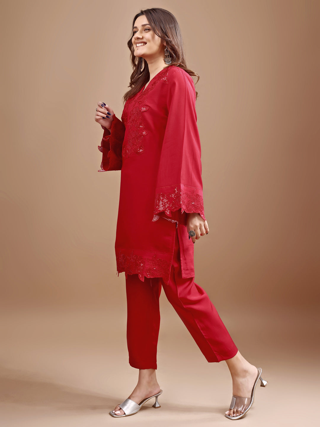 Red color silk blend with heavy sequence work tunic and trouser Co-ord set