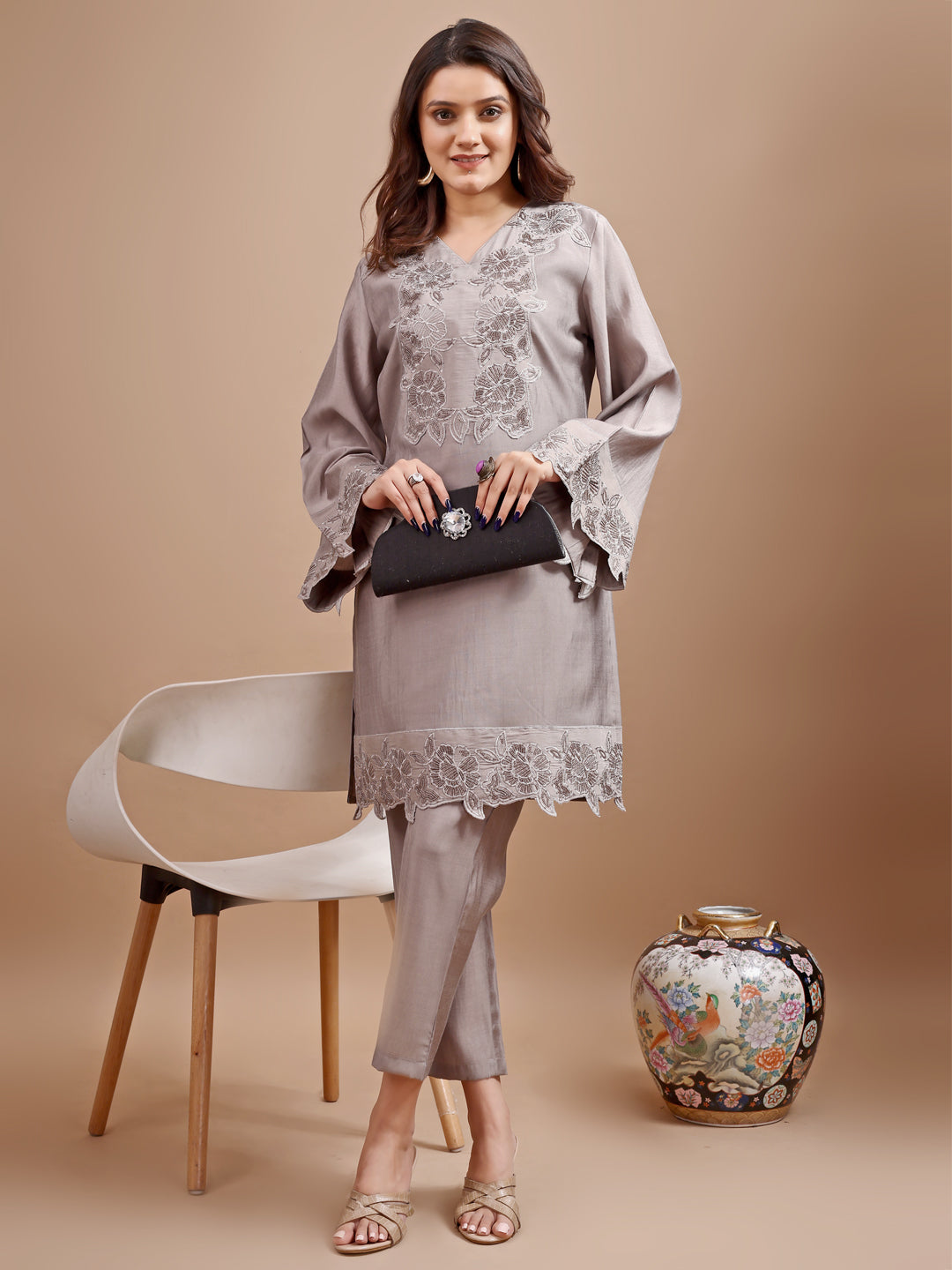 Grey Colour Silk Blend Tonal Seuiqnns Embroidey Work Tunic With Trouser Set