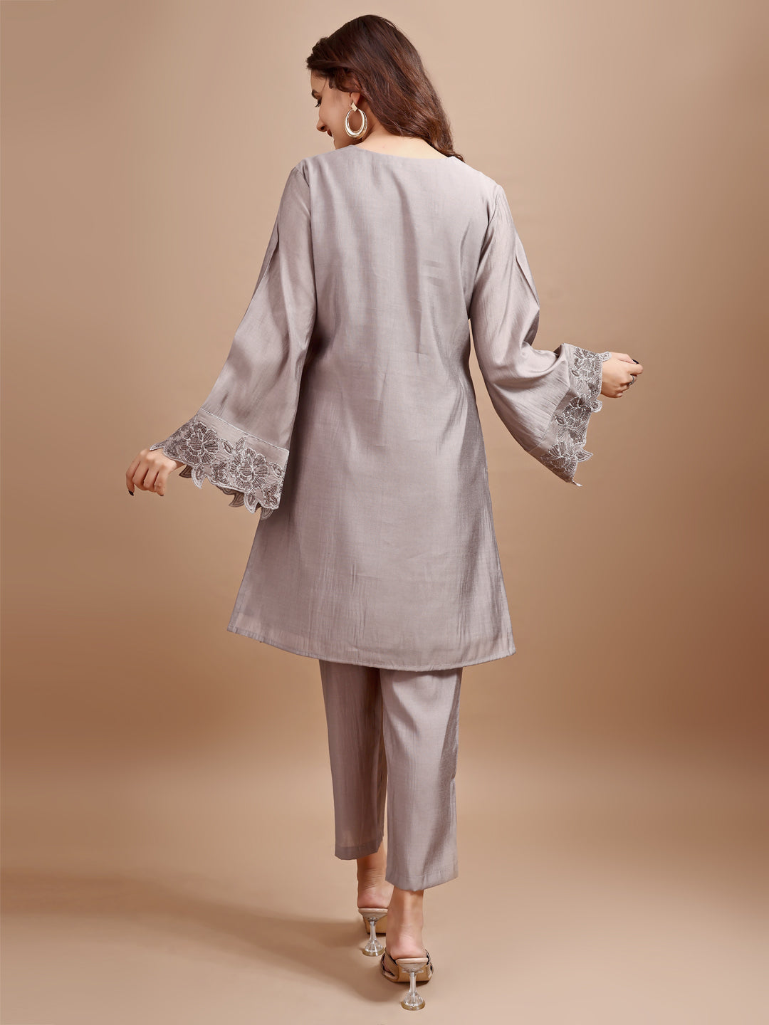 Grey Colour Silk Blend Tonal Seuiqnns Embroidey Work Tunic With Trouser Set