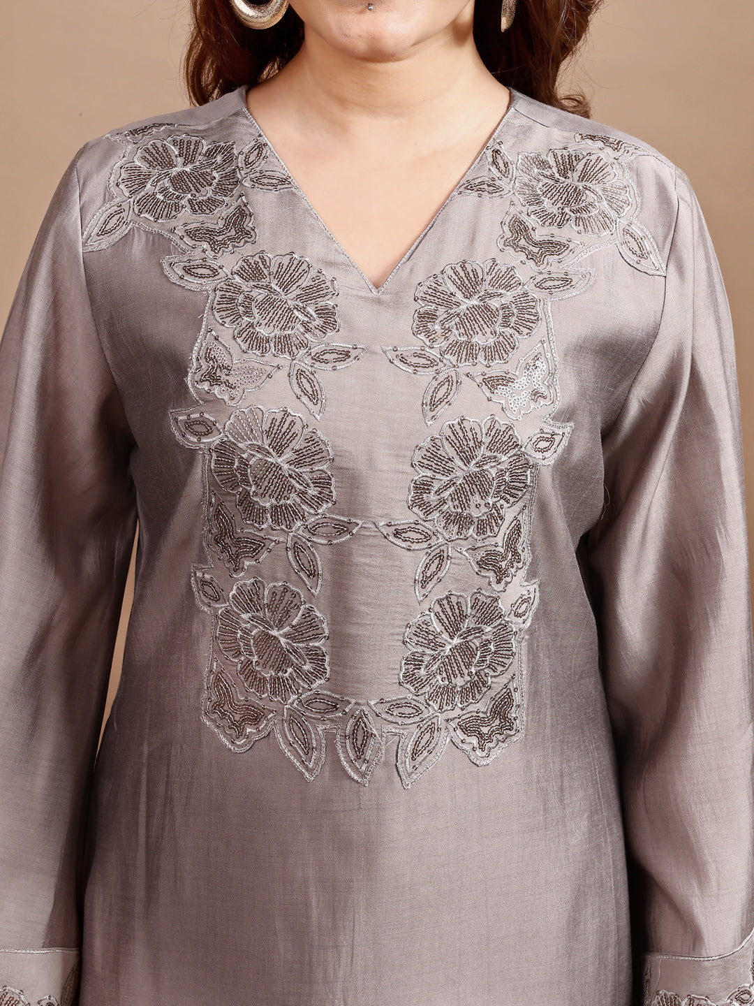 Grey Colour Silk Blend Tonal Seuiqnns Embroidey Work Tunic With Trouser Set