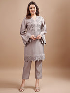 Grey Colour Silk Blend Tonal Seuiqnns Embroidey Work Tunic With Trouser Set