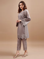 Grey Colour Silk Blend Tonal Seuiqnns Embroidey Work Tunic With Trouser Set