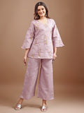 Mauve colour linen contrast thread embroidery top with palazo set