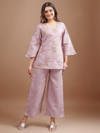 Mauve colour linen contrast thread embroidery top with palazo set