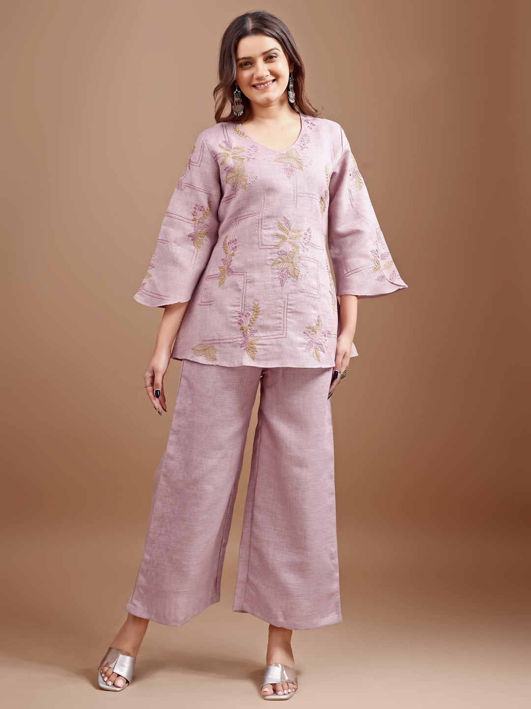 Mauve colour linen contrast thread embroidery top with palazo set