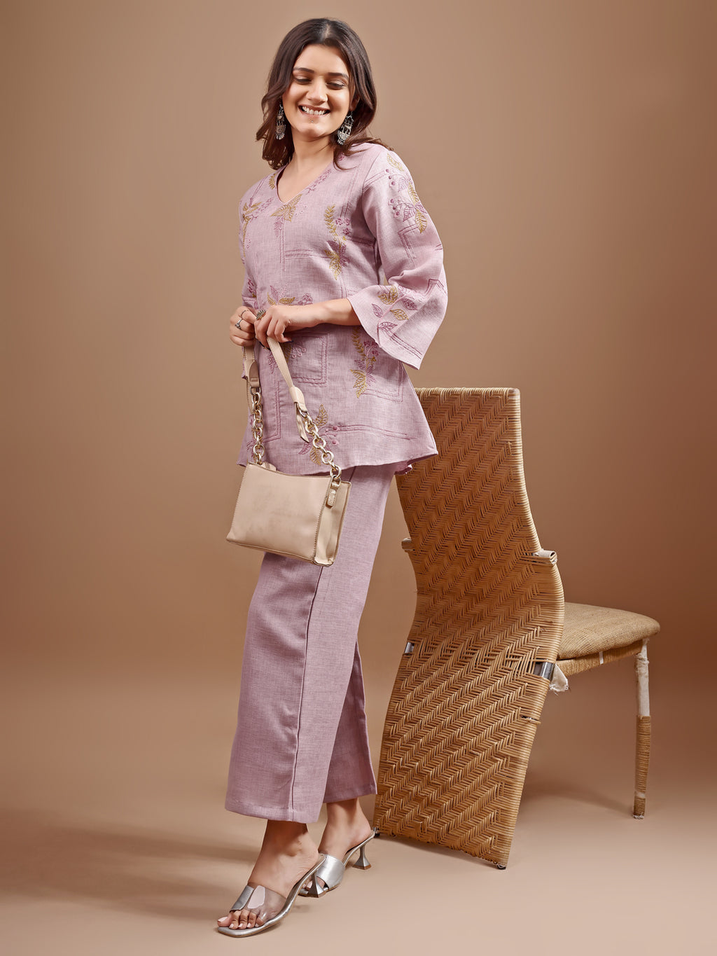 Mauve colour linen contrast thread embroidery top with palazo set