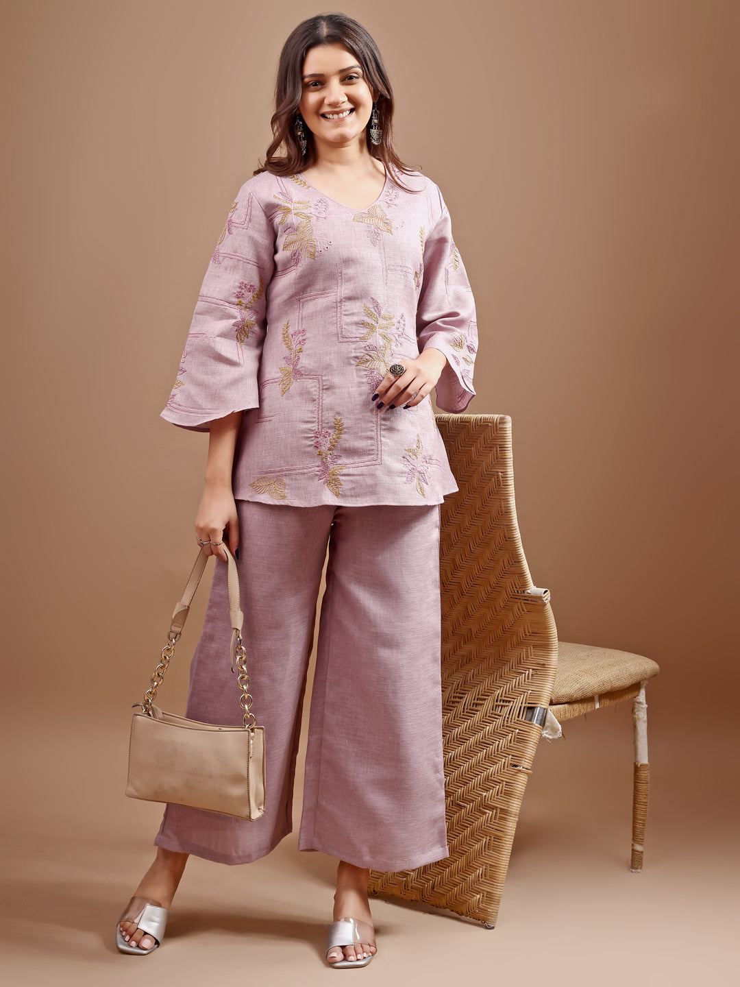 Mauve colour linen contrast thread embroidery top with palazo set