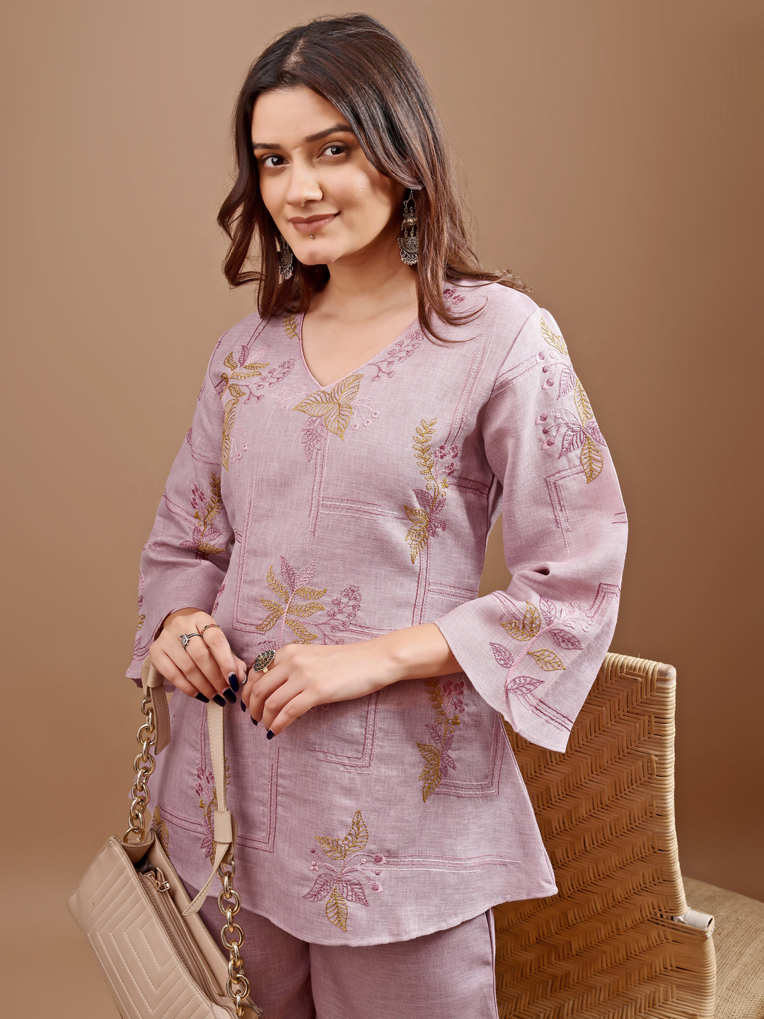 Mauve colour linen contrast thread embroidery top with palazo set