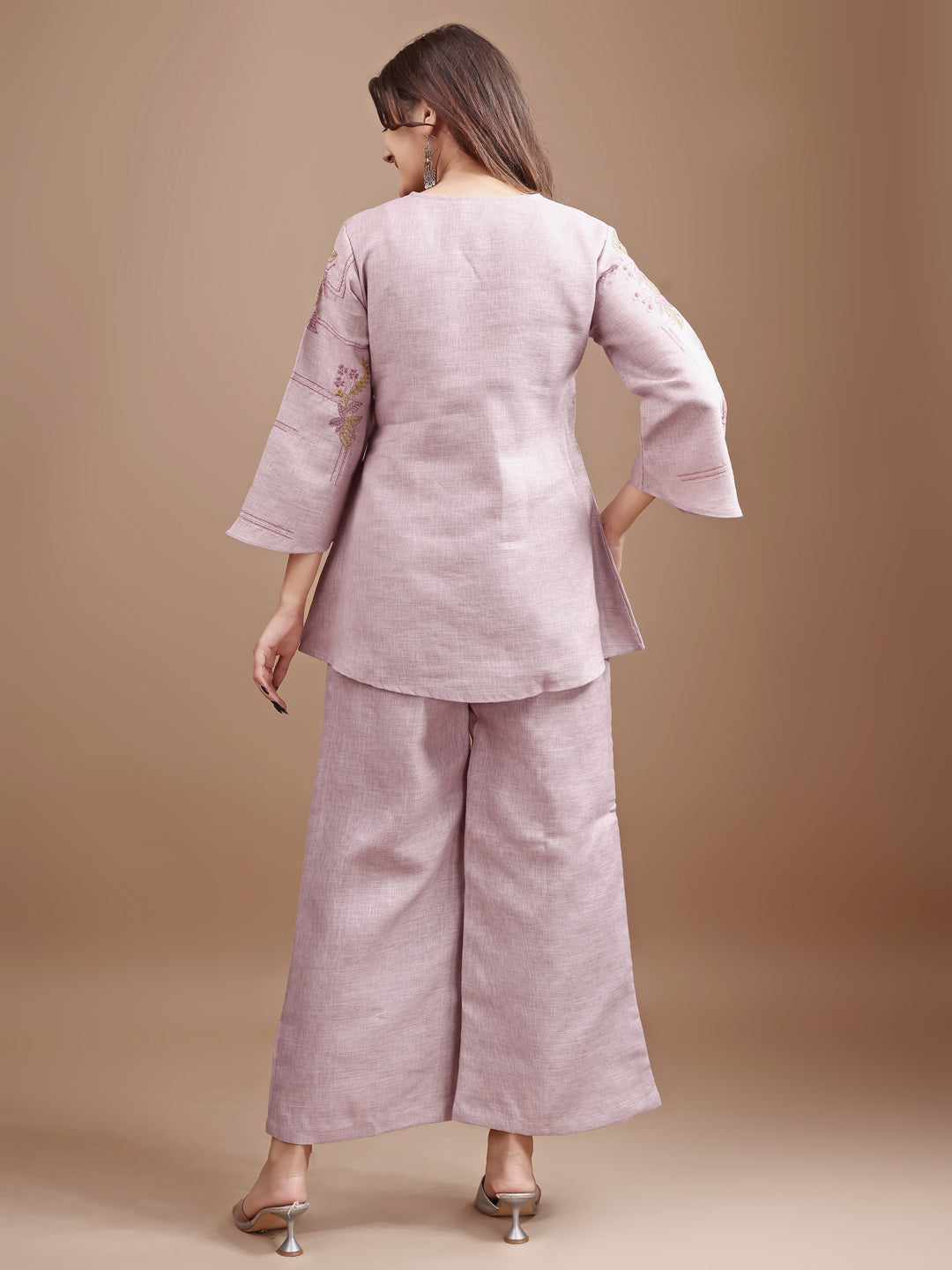 Mauve colour linen contrast thread embroidery top with palazo set