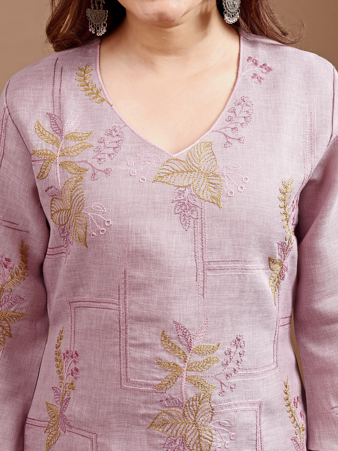 Mauve colour linen contrast thread embroidery top with palazo set