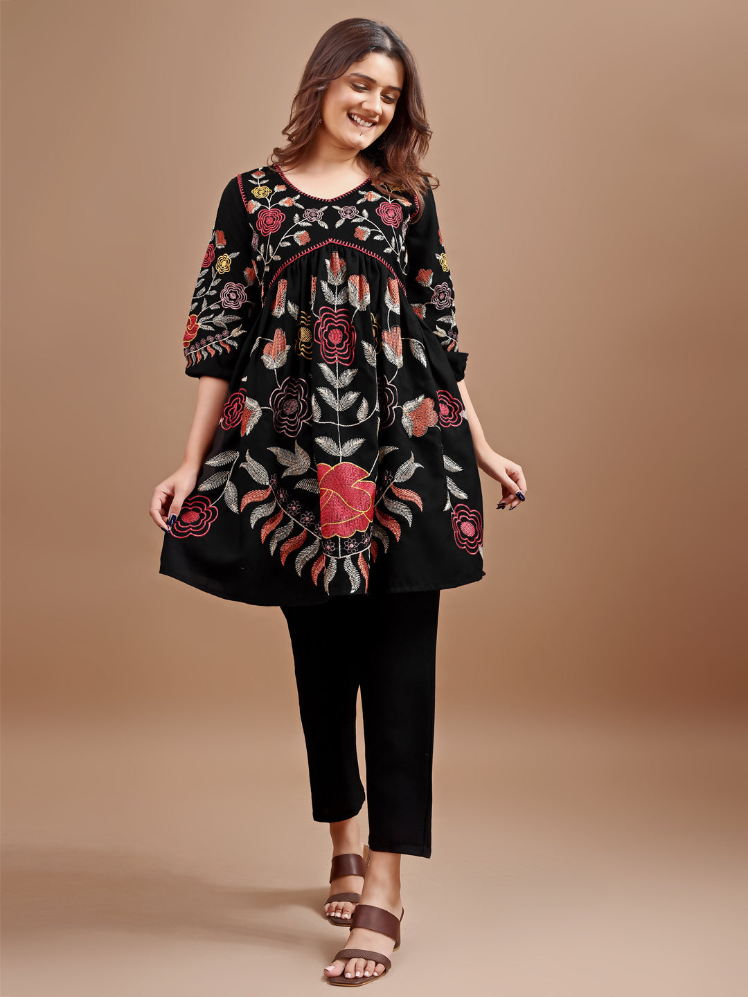 Black colour linen multi thread embroidery flared tunic with trouser coord set