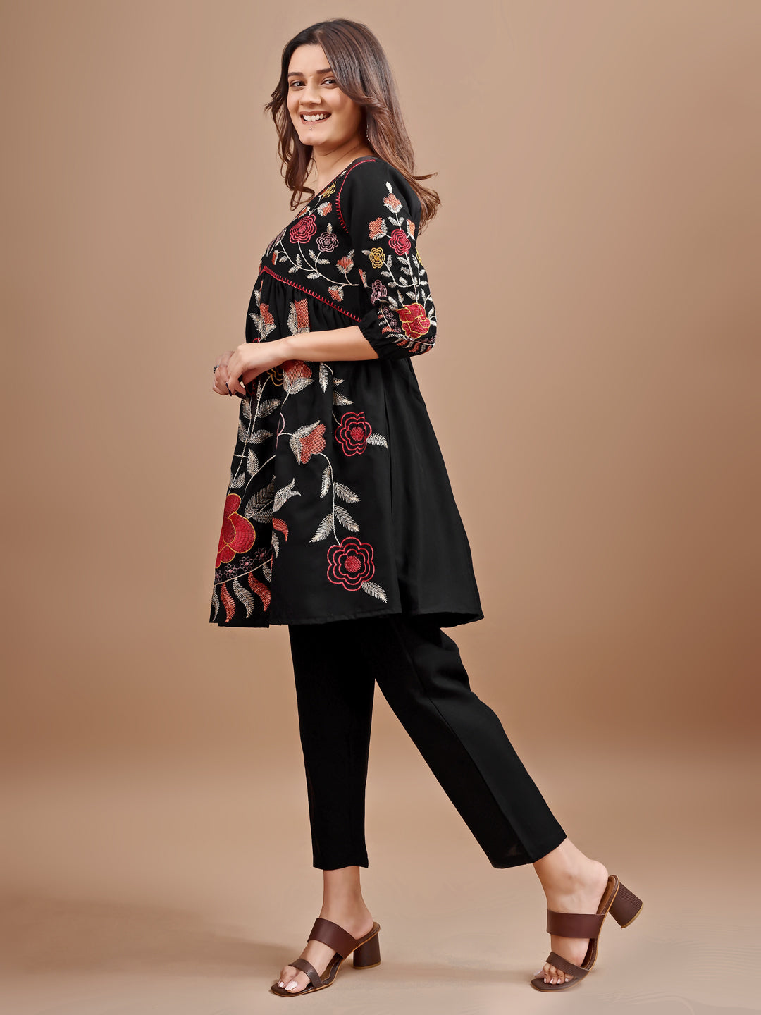 Black colour linen multi thread embroidery flared tunic with trouser coord set