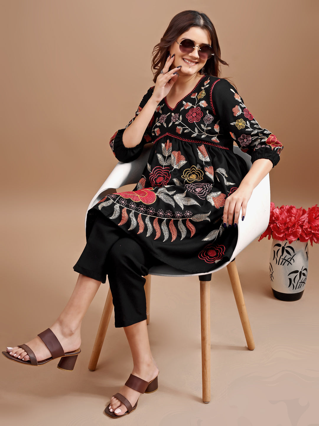 Black colour linen multi thread embroidery flared tunic with trouser coord set