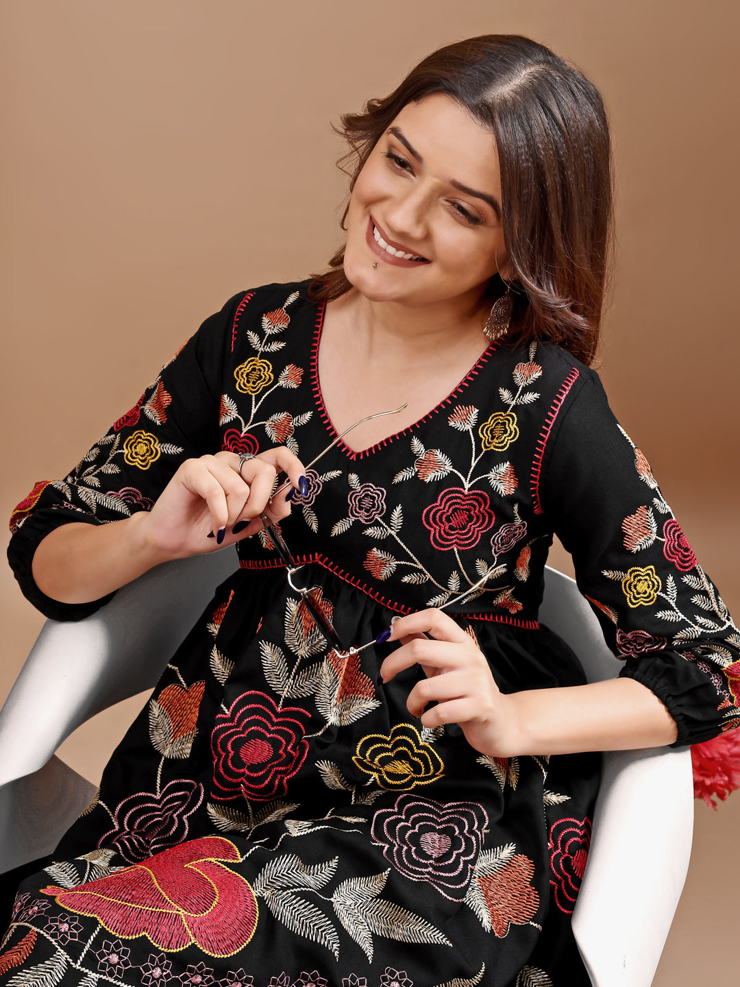 Black colour linen multi thread embroidery flared tunic with trouser coord set