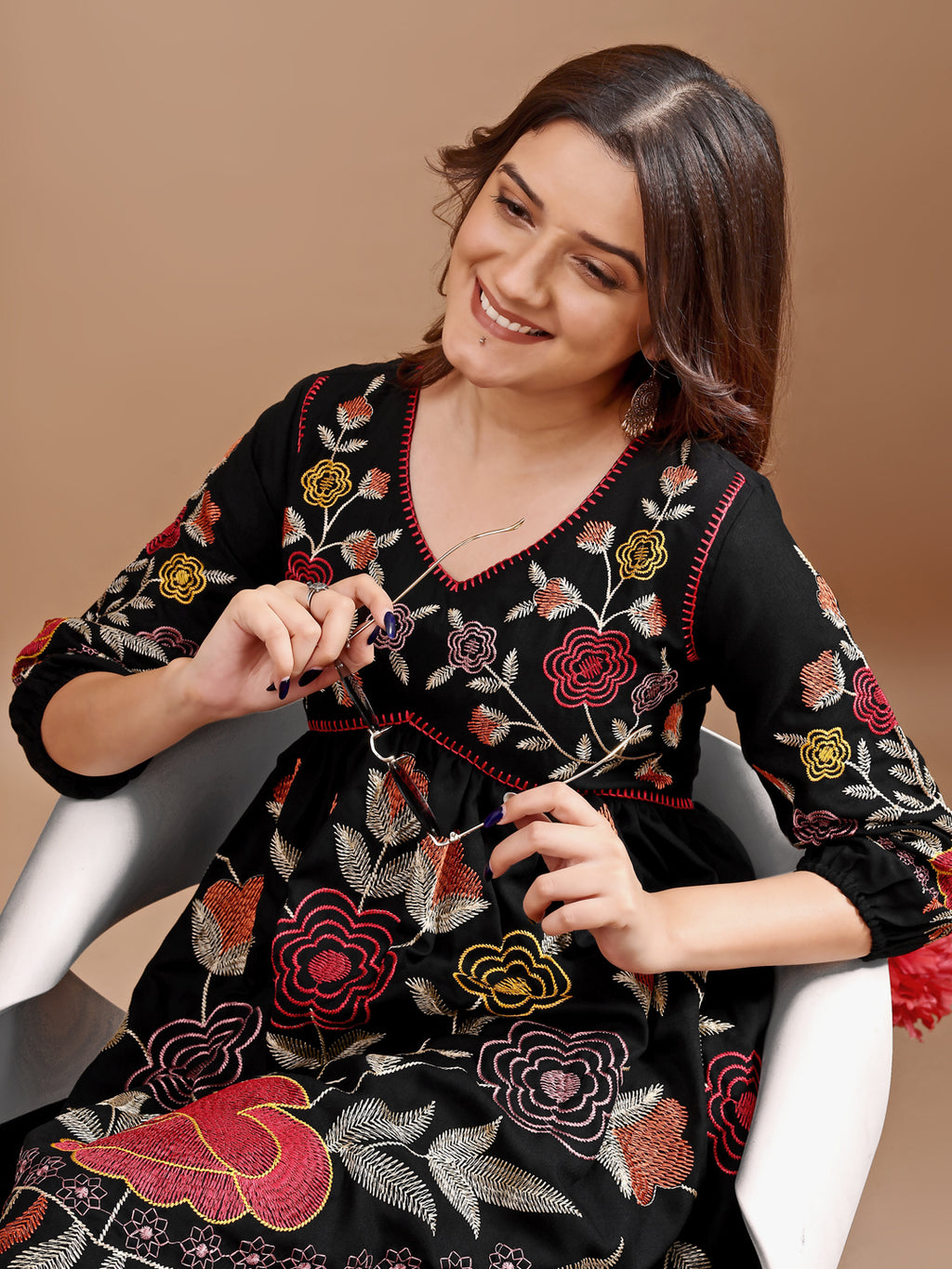 Black colour linen multi thread embroidery flared tunic with trouser coord set