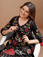 Black colour linen multi thread embroidery flared tunic with trouser coord set