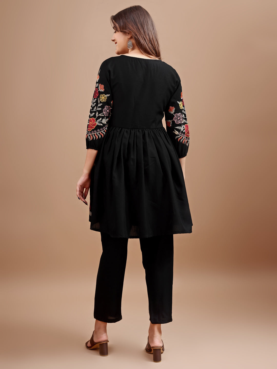 Black colour linen multi thread embroidery flared tunic with trouser coord set