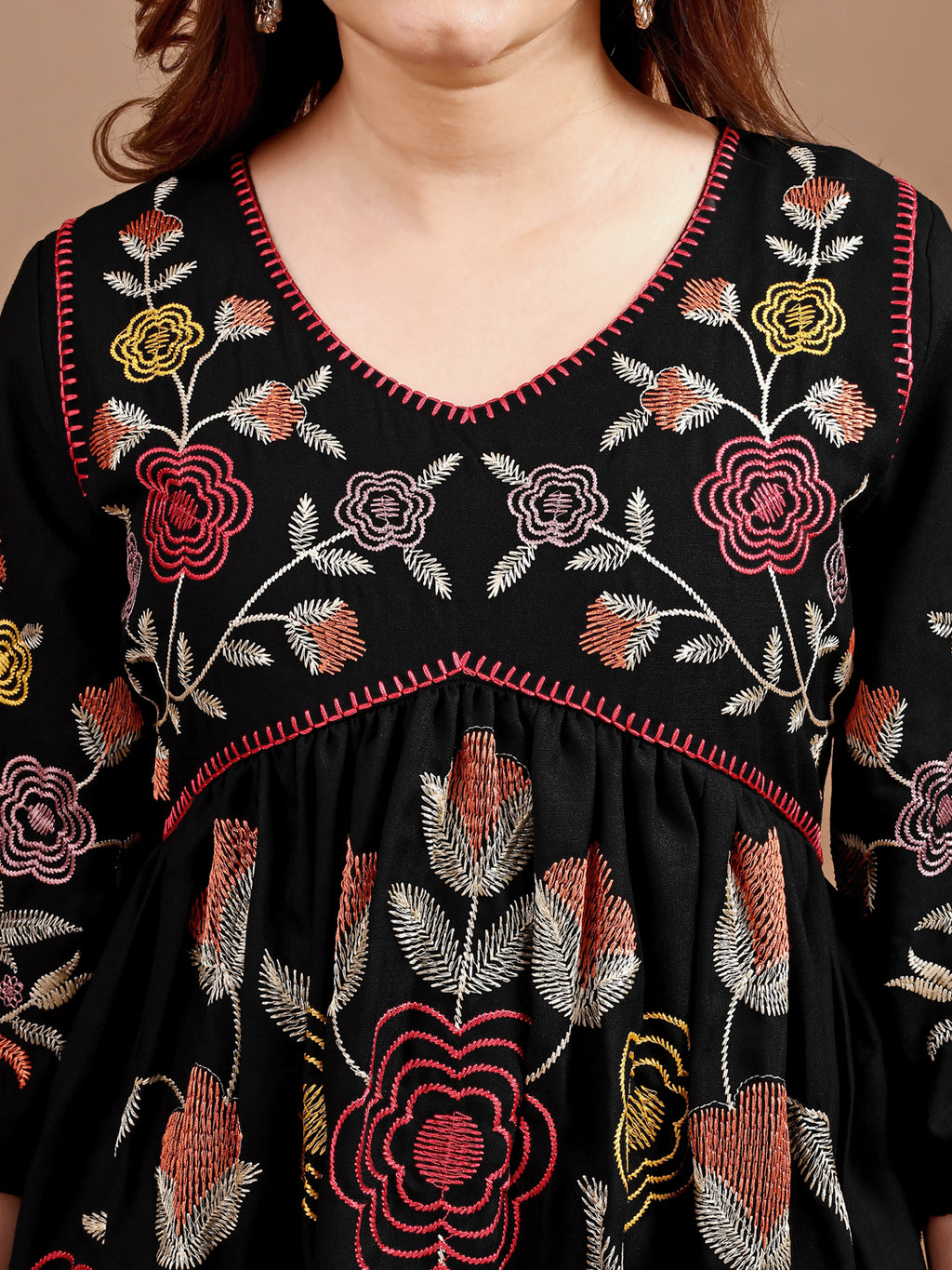 Black colour linen multi thread embroidery flared tunic with trouser coord set