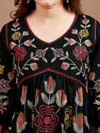 Black colour linen multi thread embroidery flared tunic with trouser coord set