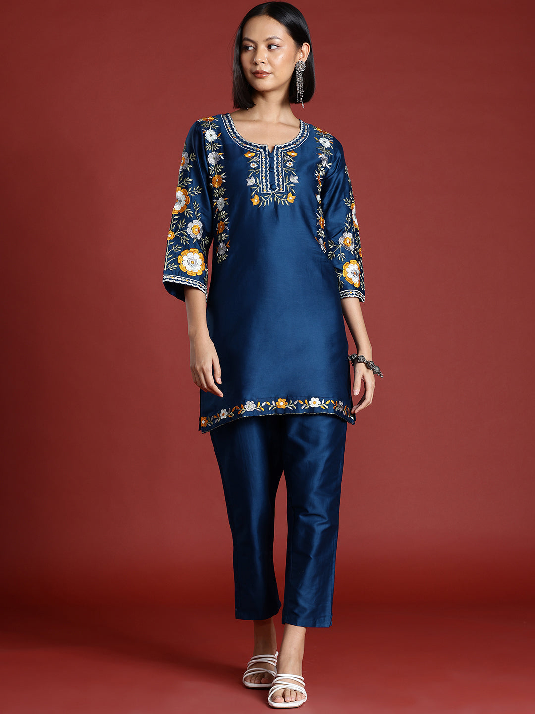 Dark Blue Color Cotton Blend Floral Embroidered Tunic With Trouser Co-ord Set