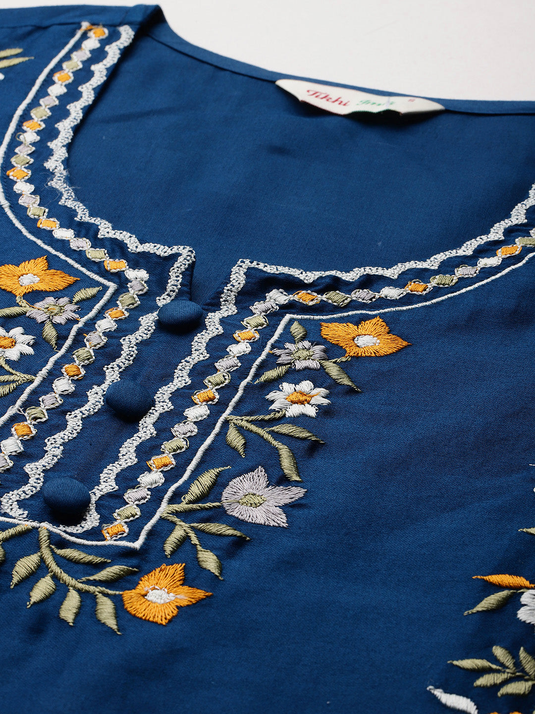 Dark Blue Color Cotton Blend Floral Embroidered Tunic With Trouser Co-ord Set
