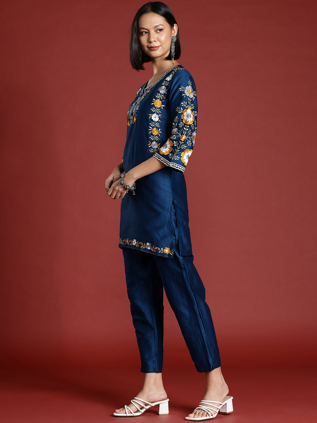 Dark Blue Color Cotton Blend Floral Embroidered Tunic With Trouser Co-ord Set