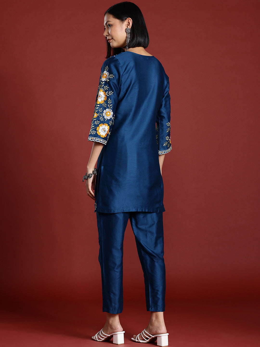 Dark Blue Color Cotton Blend Floral Embroidered Tunic With Trouser Co-ord Set