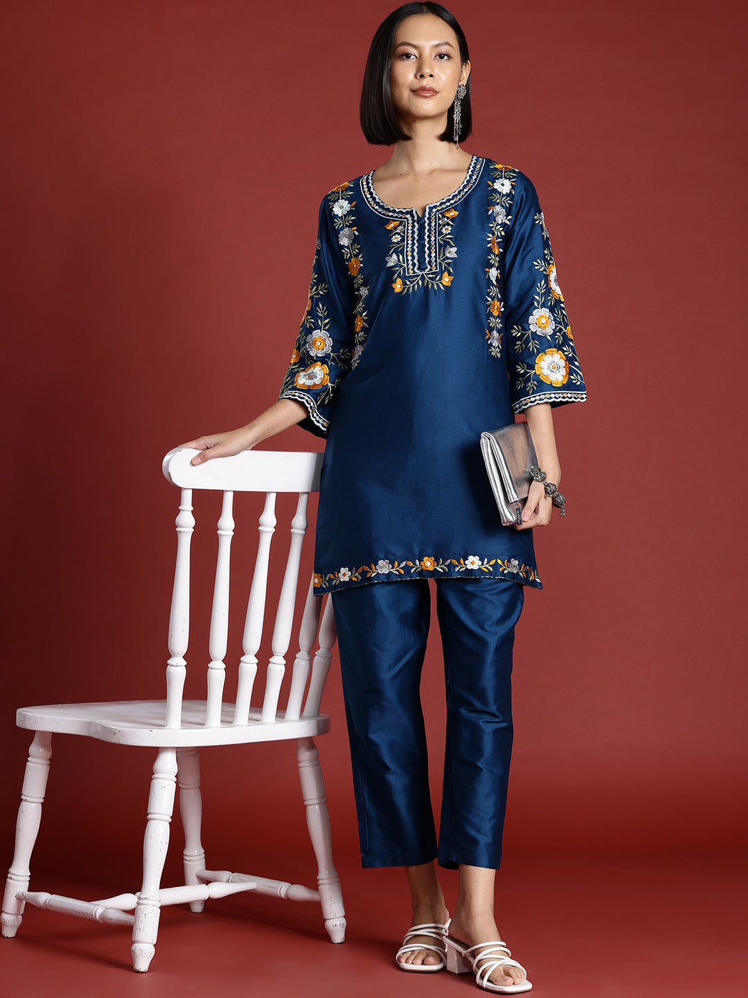 Dark Blue Color Cotton Blend Floral Embroidered Tunic With Trouser Co-ord Set