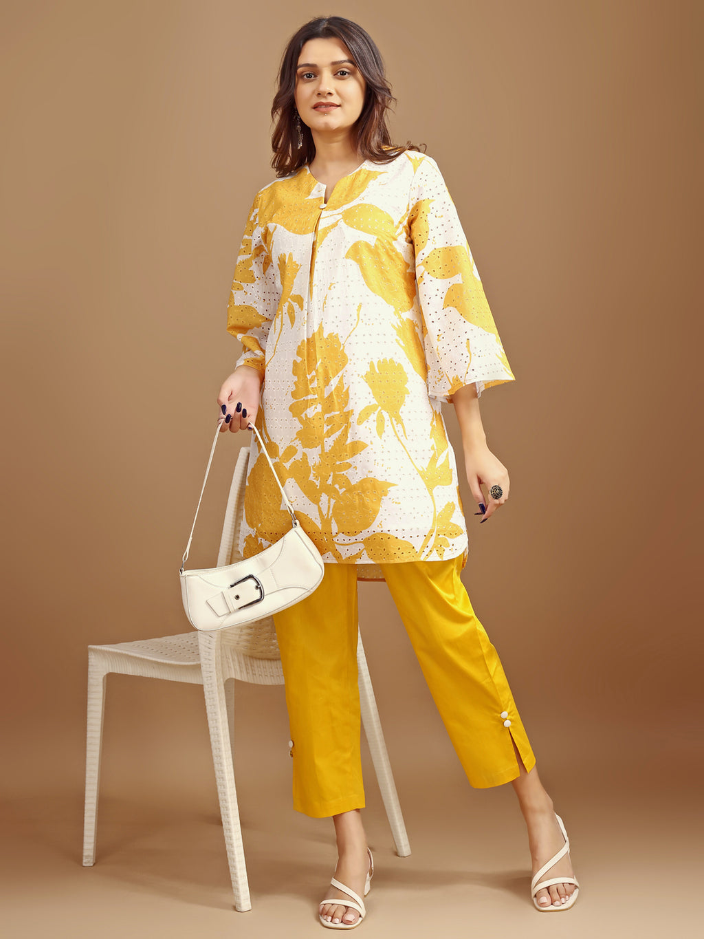 Yellow & White hakoba printed tunic with trouser cord set