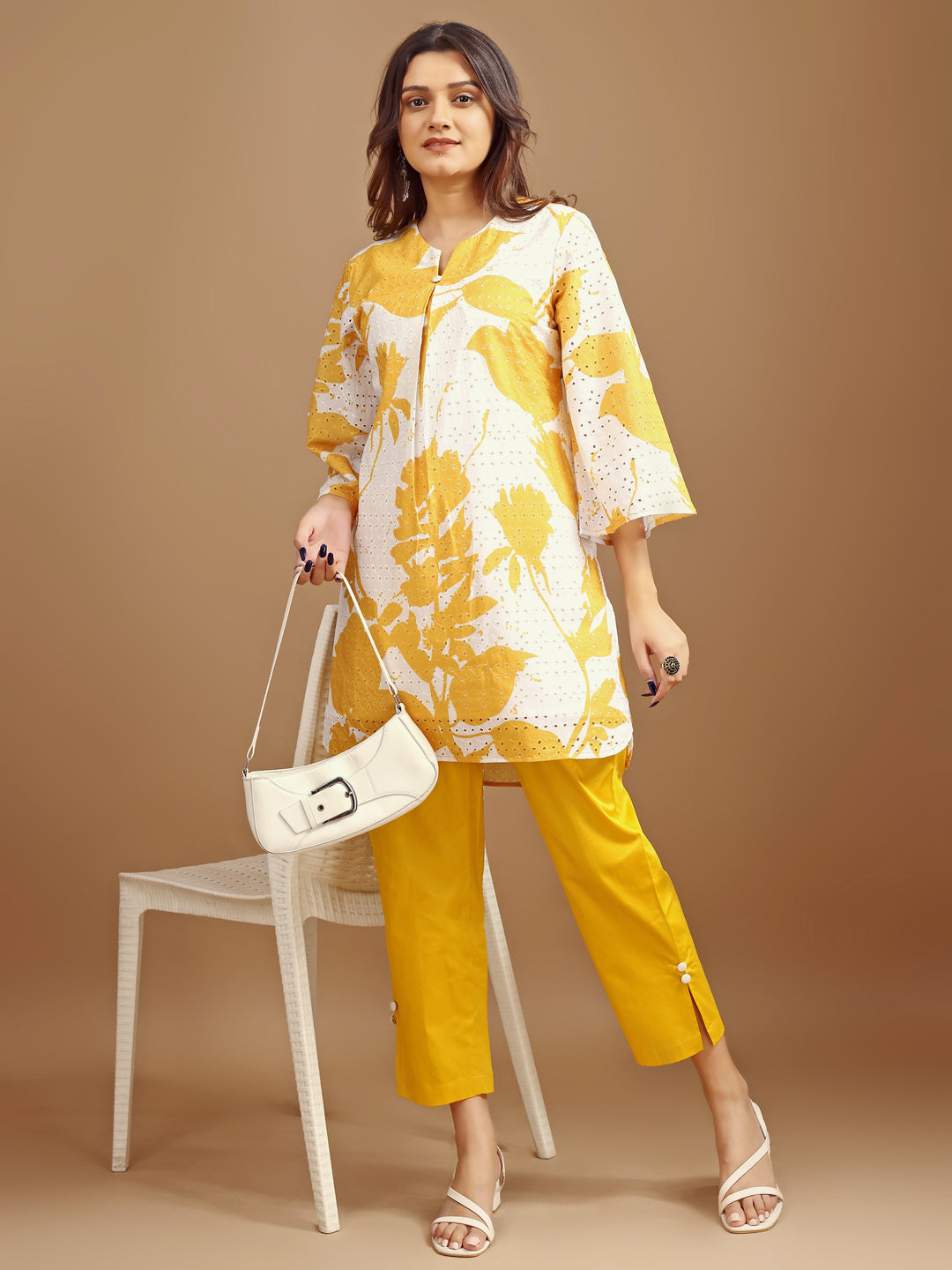 Yellow & White hakoba printed tunic with trouser cord set
