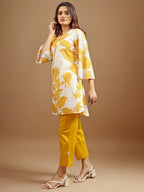 Yellow & White hakoba printed tunic with trouser cord set