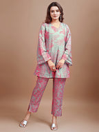 Dusty Green colour Hakoba printed tunic with trouser cord set