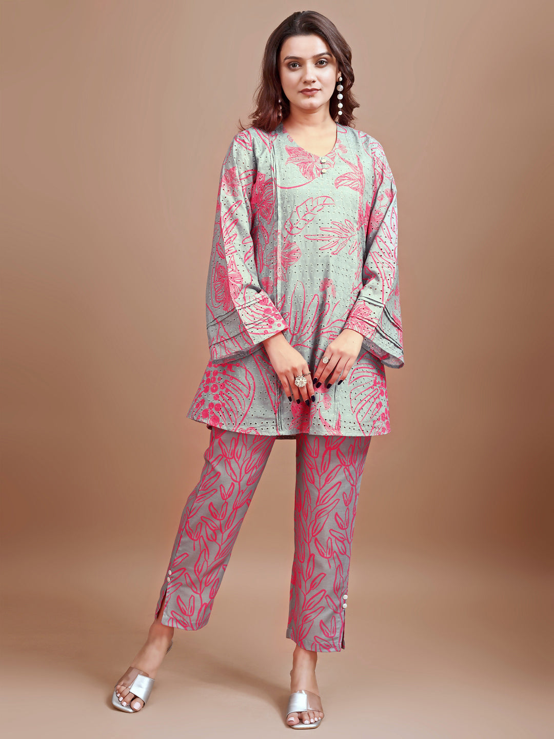 Dusty Green colour Hakoba printed tunic with trouser cord set
