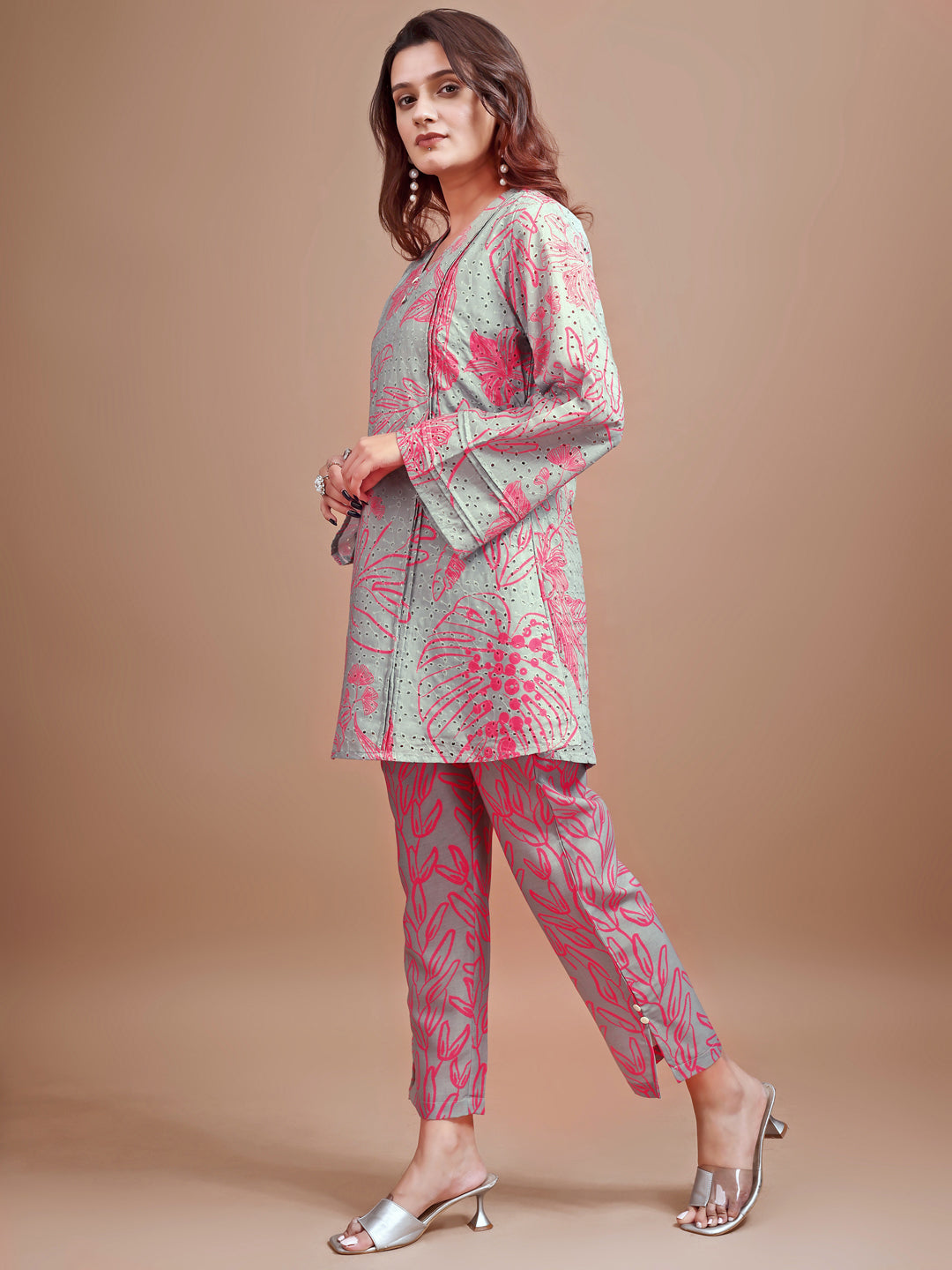 Dusty Green colour Hakoba printed tunic with trouser cord set
