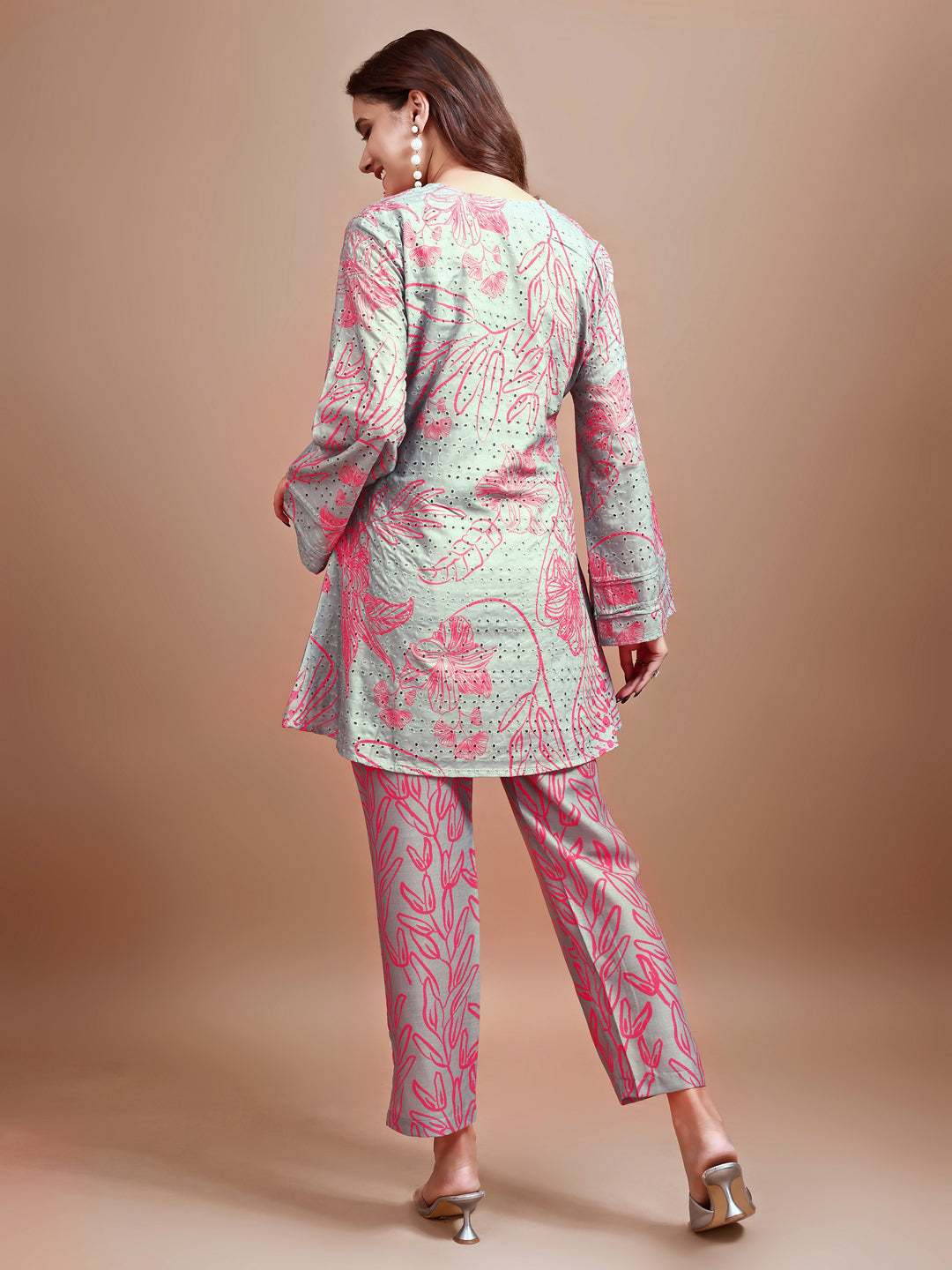 Dusty Green colour Hakoba printed tunic with trouser cord set