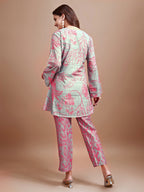Dusty Green colour Hakoba printed tunic with trouser cord set