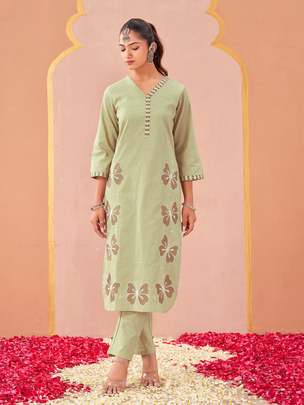 Pista color linen with contrast thread butterfly embroidered kurta and trouser co-ord set