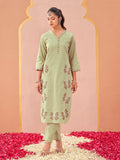 Pista color linen with contrast thread butterfly embroidered kurta and trouser co-ord set