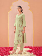Pista color linen with contrast thread butterfly embroidered kurta and trouser co-ord set