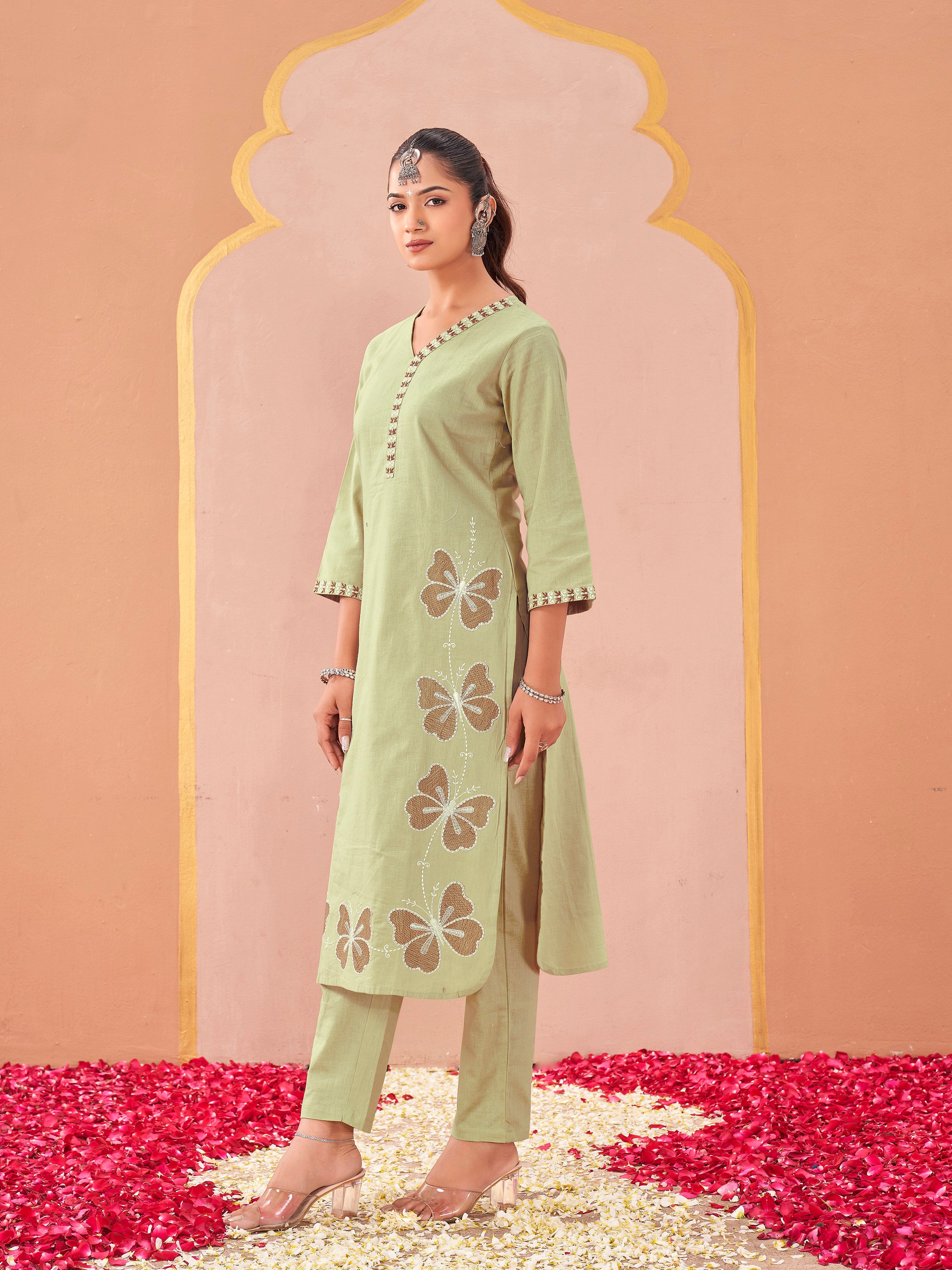 Pista color linen with contrast thread butterfly embroidered kurta and trouser co-ord set