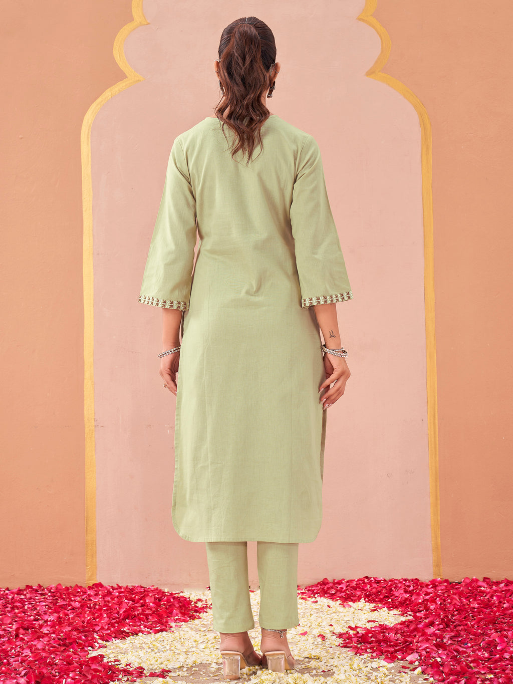 Pista color linen with contrast thread butterfly embroidered kurta and trouser co-ord set
