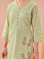 Pista color linen with contrast thread butterfly embroidered kurta and trouser co-ord set