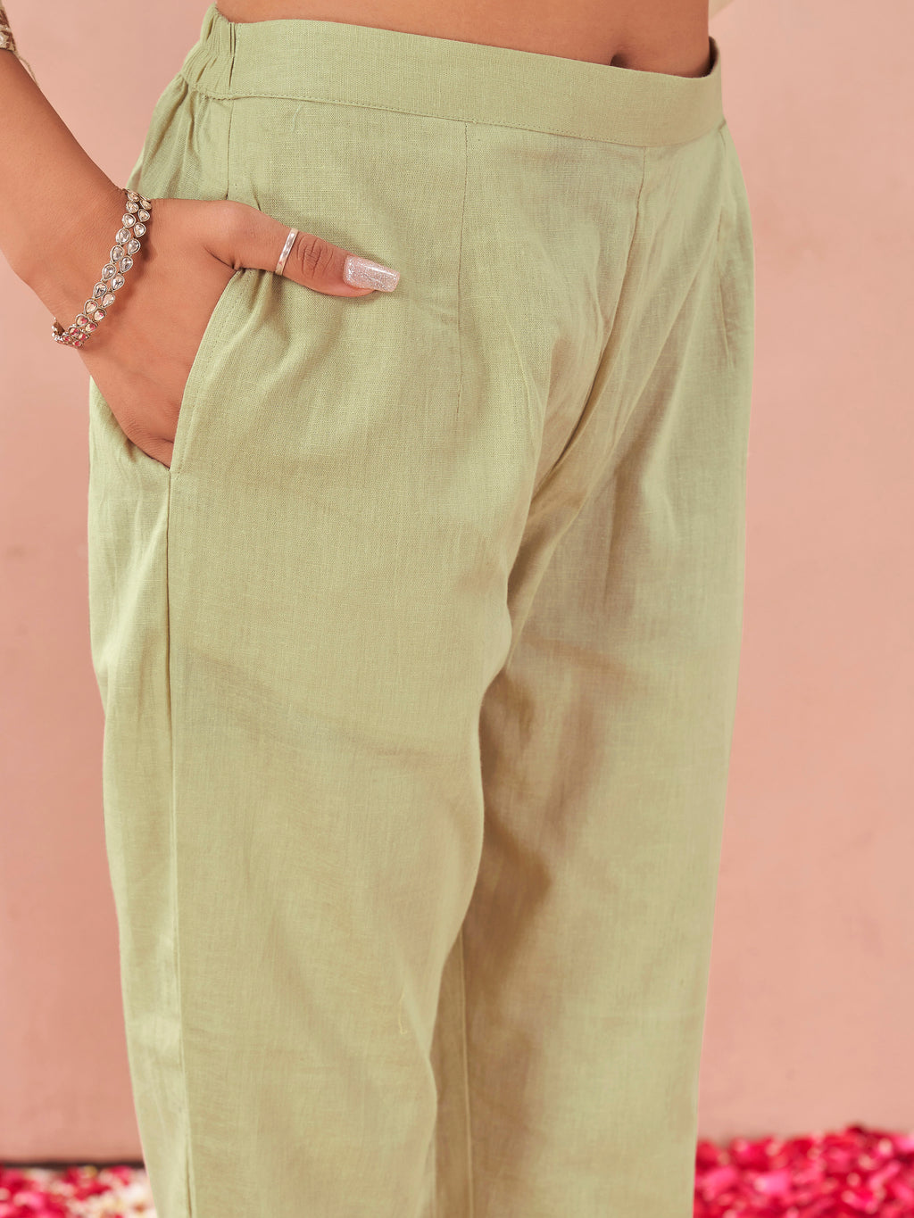 Pista color linen with contrast thread butterfly embroidered kurta and trouser co-ord set