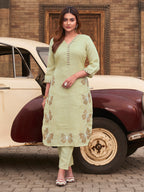 Pista Green color linen with contrast thread butterfly embroidered kurta and trouser co-ord set