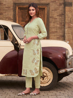 Pista Green color linen with contrast thread butterfly embroidered kurta and trouser co-ord set