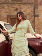 Pista Green color linen with contrast thread butterfly embroidered kurta and trouser co-ord set